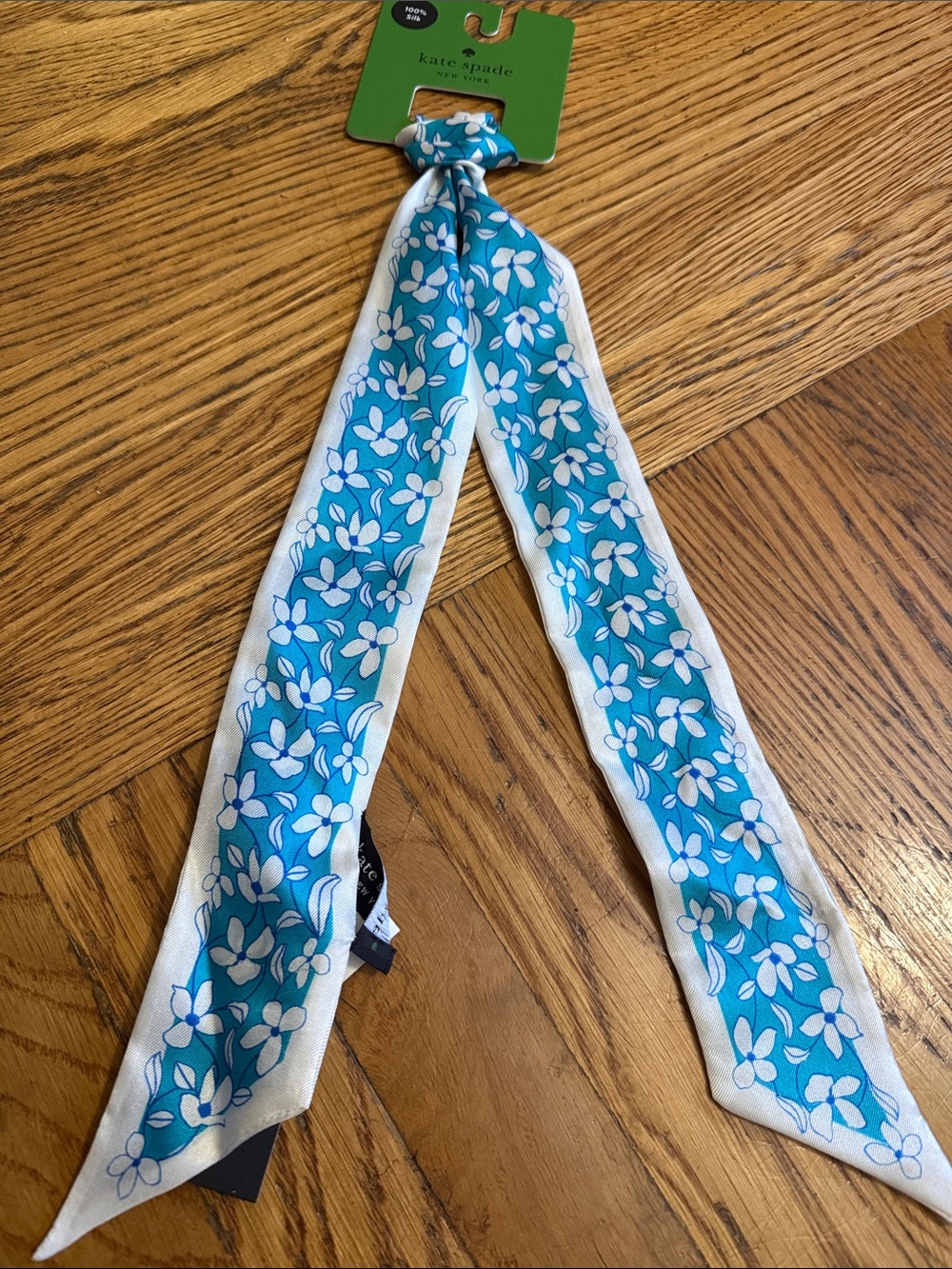 kate spade turquoise and white floral silk twilly scarf NWT